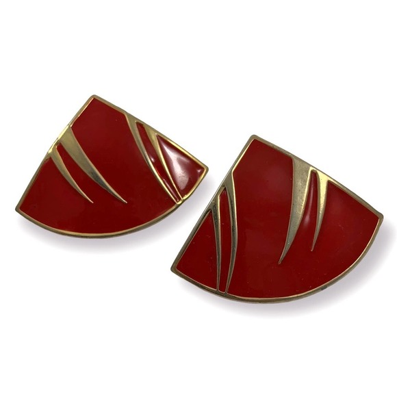 Vintage large red and gold enamel triangle earrings - Picture 10 of 11